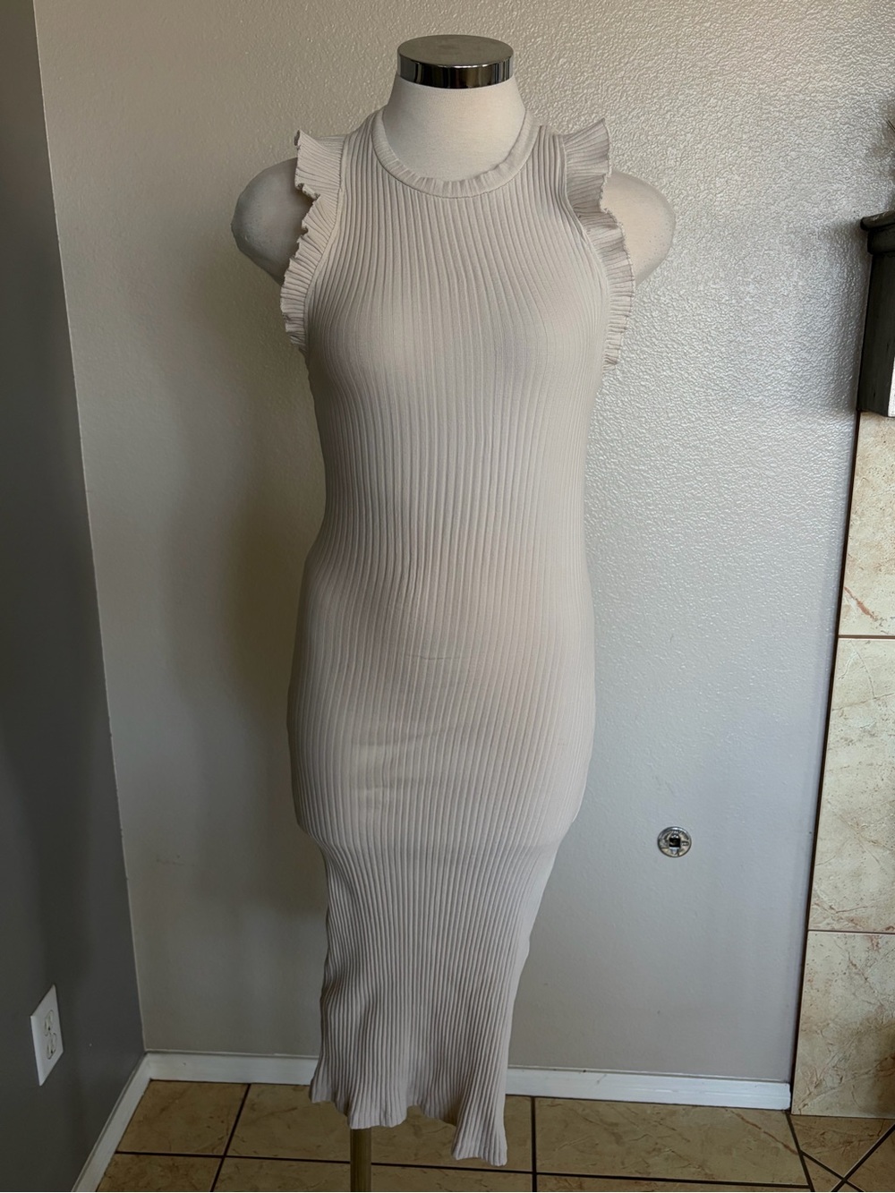 Zara Cream Ribbed Sleeveless Midi Dress with Ruffle Trim
